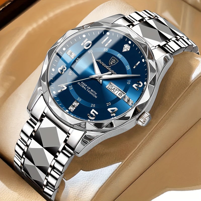 Men's Analog Watch with Day Date Window Faceted Bezel and Metal Link Bracelet - Image 9