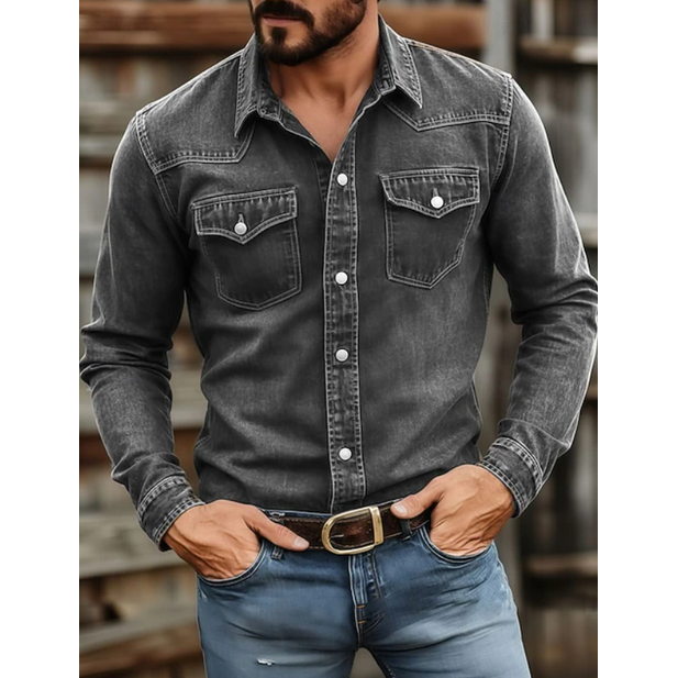 Men's Western Denim Shirt with Snap Button Chest Pockets and Slim Fit - Image 2