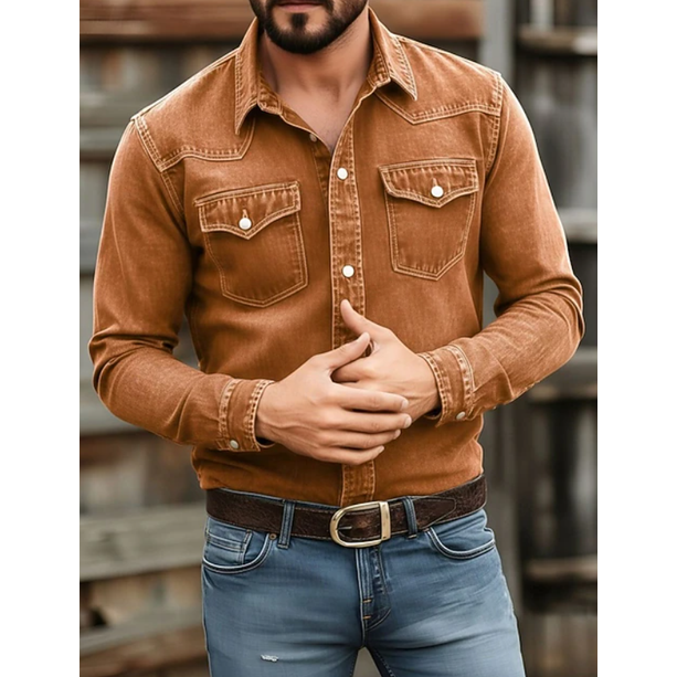 Men's Western Denim Shirt with Snap Button Chest Pockets and Slim Fit - Image 6