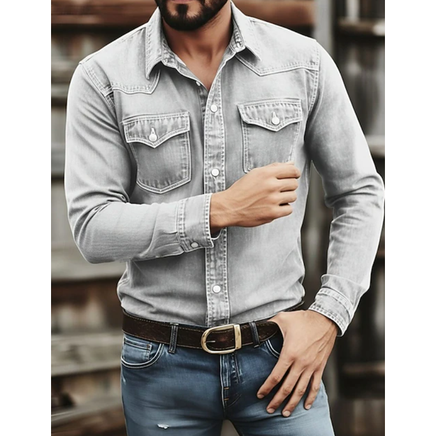 Men's Western Denim Shirt with Snap Button Chest Pockets and Slim Fit - Image 7