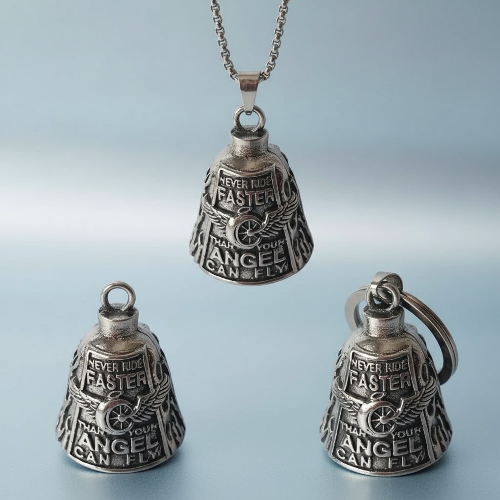 Motorcycle Guardian Bell with Engraved Angel Design and Antique Silver Finish - Image 1