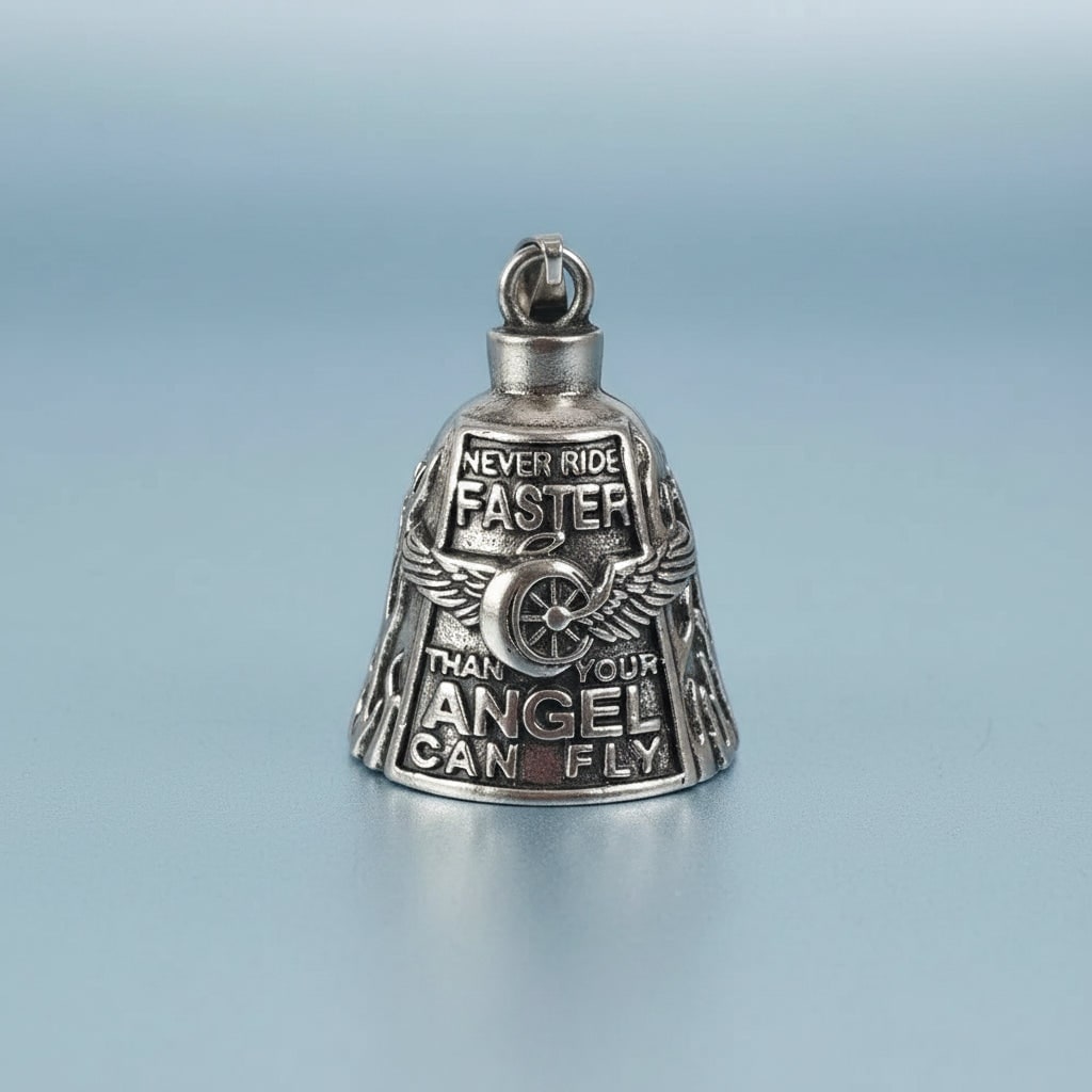 Motorcycle Guardian Bell with Engraved Angel Design and Antique Silver Finish - Image 10