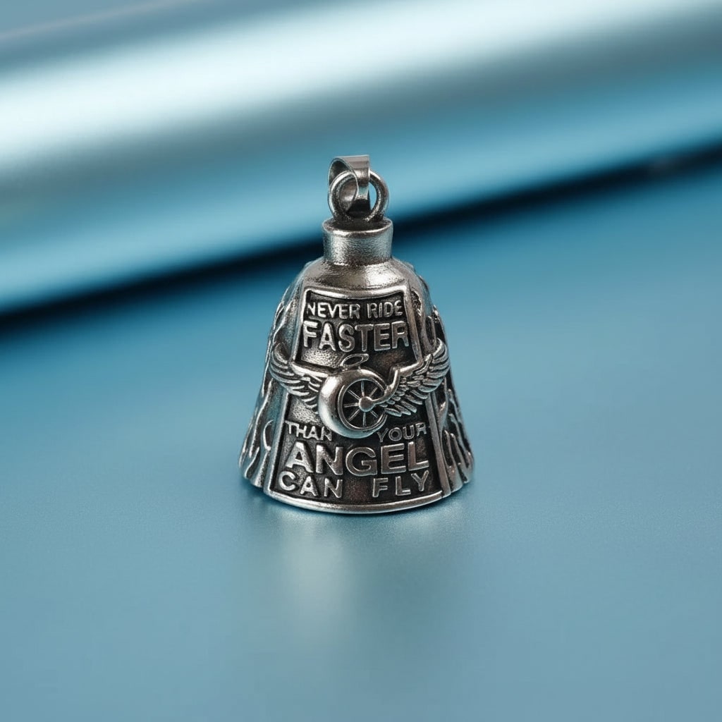 Motorcycle Guardian Bell with Engraved Angel Design and Antique Silver Finish - Image 3