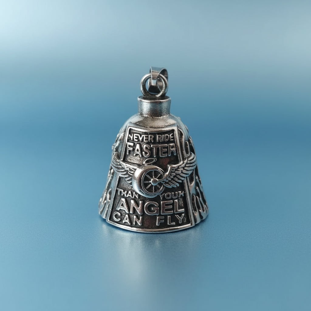 Motorcycle Guardian Bell with Engraved Angel Design and Antique Silver Finish - Image 4