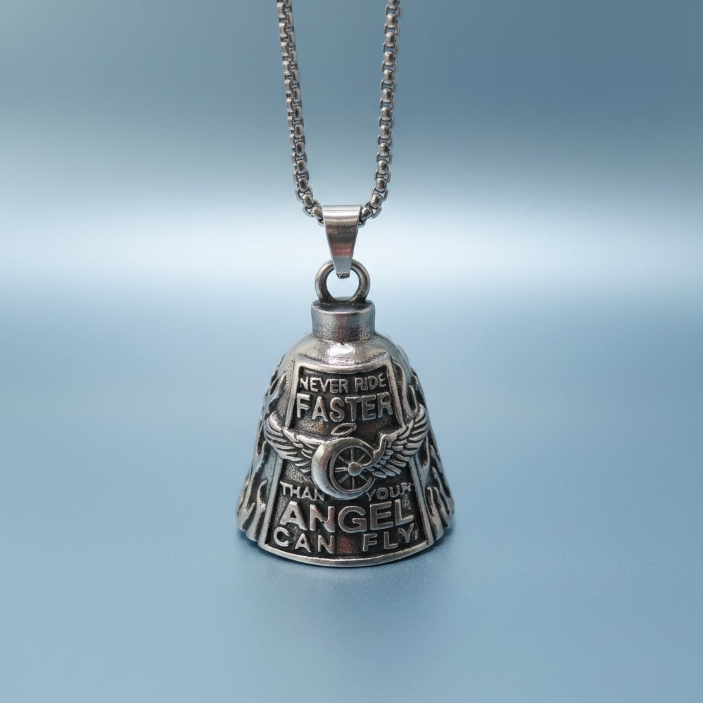 Motorcycle Guardian Bell with Engraved Angel Design and Antique Silver Finish - Image 5