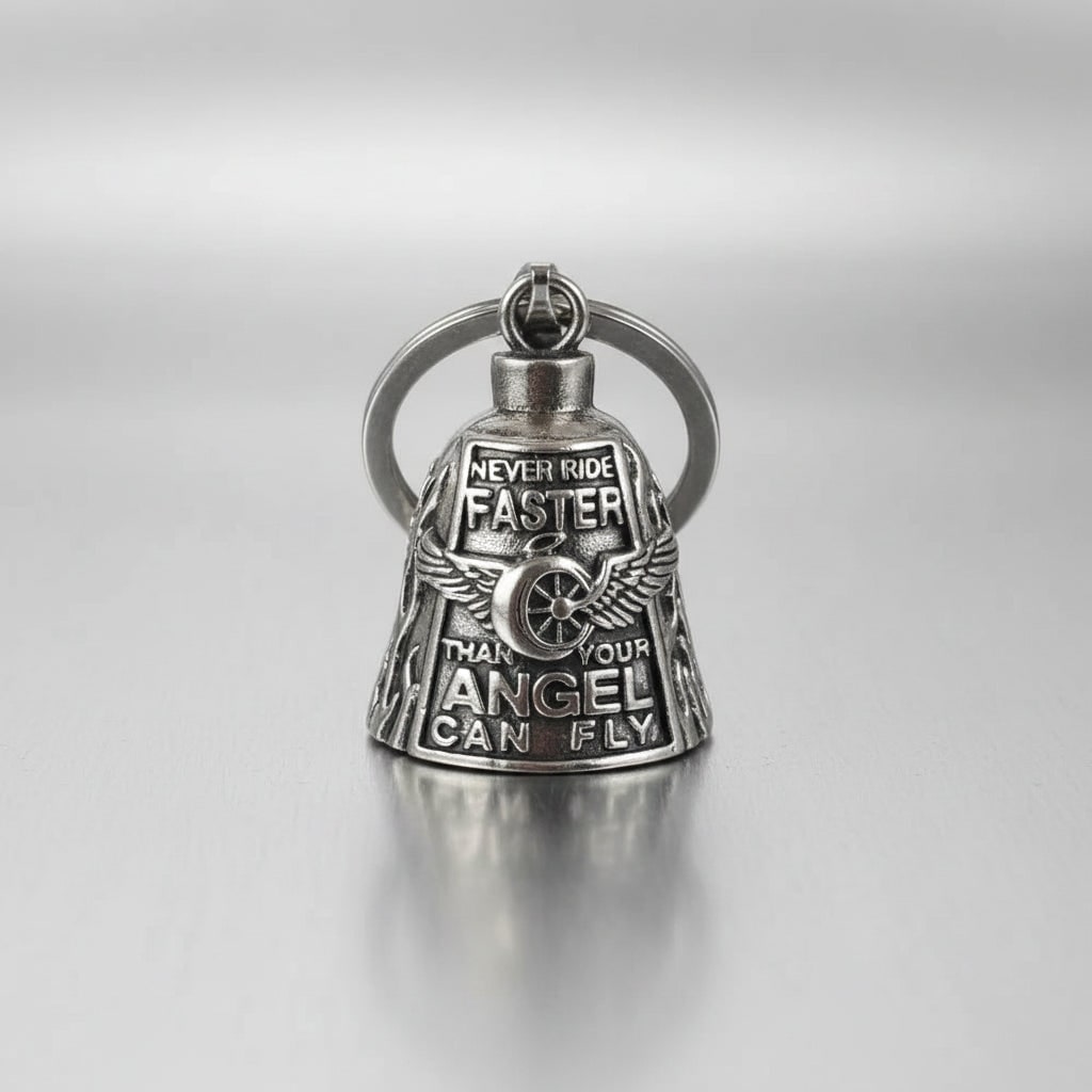 Motorcycle Guardian Bell with Engraved Angel Design and Antique Silver Finish - Image 6