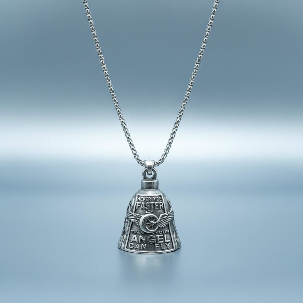 Motorcycle Guardian Bell with Engraved Angel Design and Antique Silver Finish - Image 7