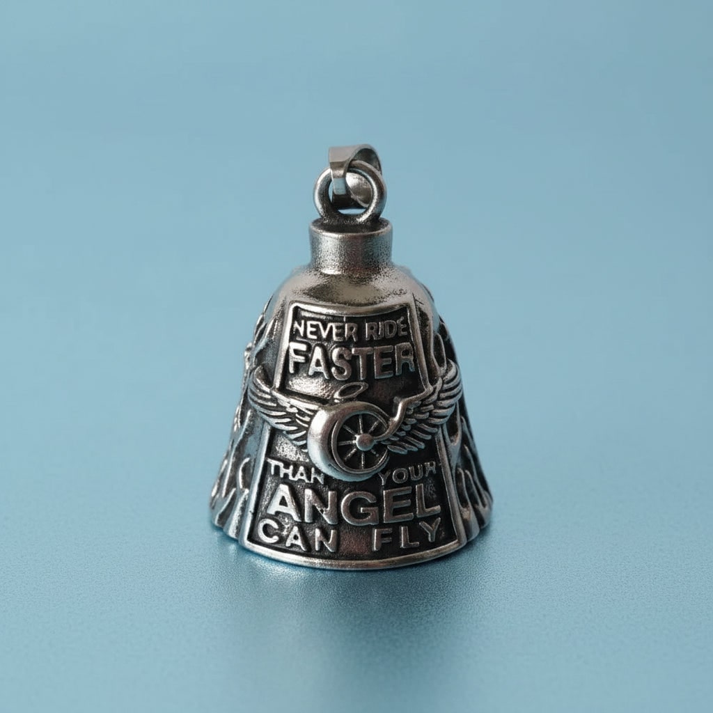 Motorcycle Guardian Bell with Engraved Angel Design and Antique Silver Finish - Image 9