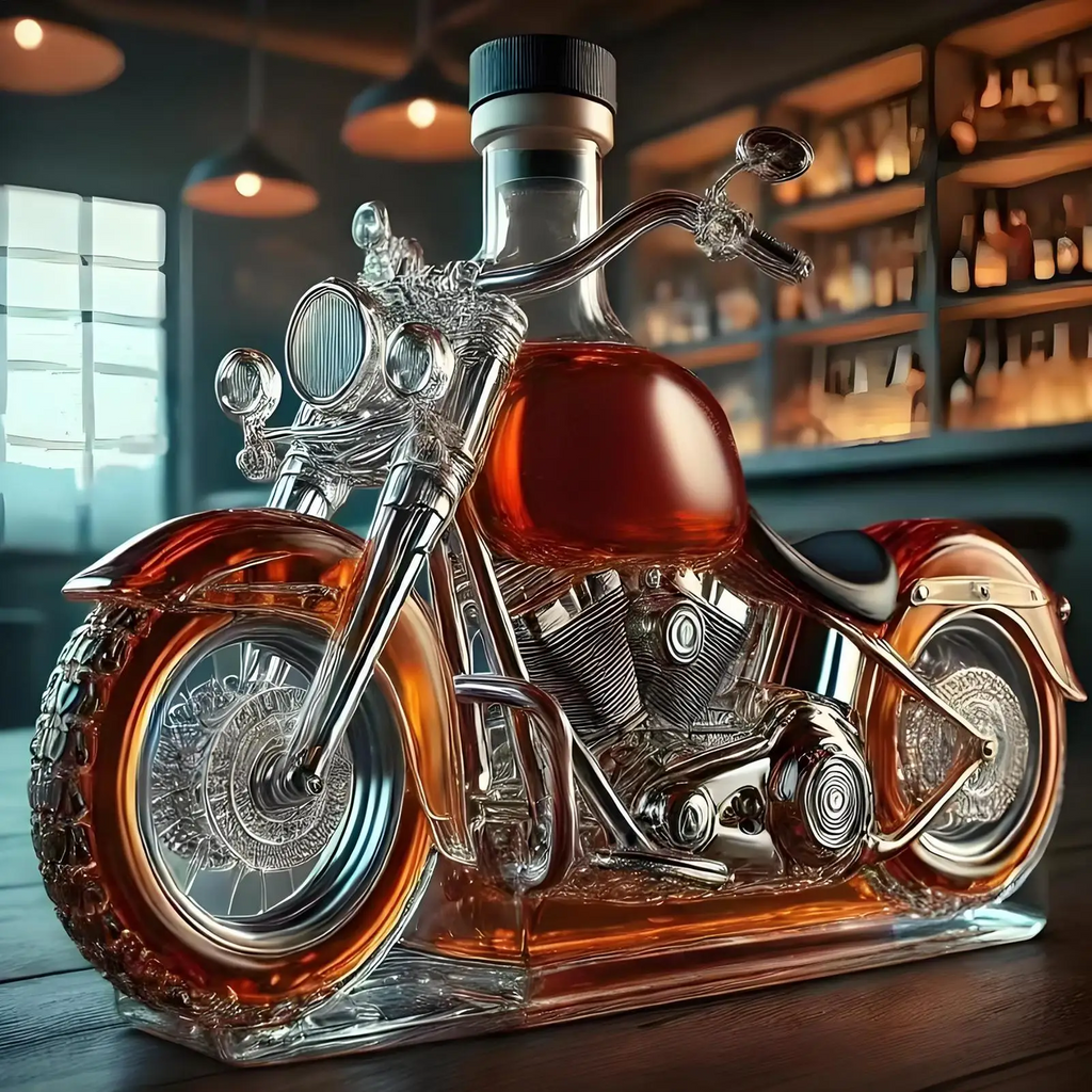 Motorcycle Whiskey Decanter with Glass Cruiser Design and Decorative Bottle Cap - Image 1