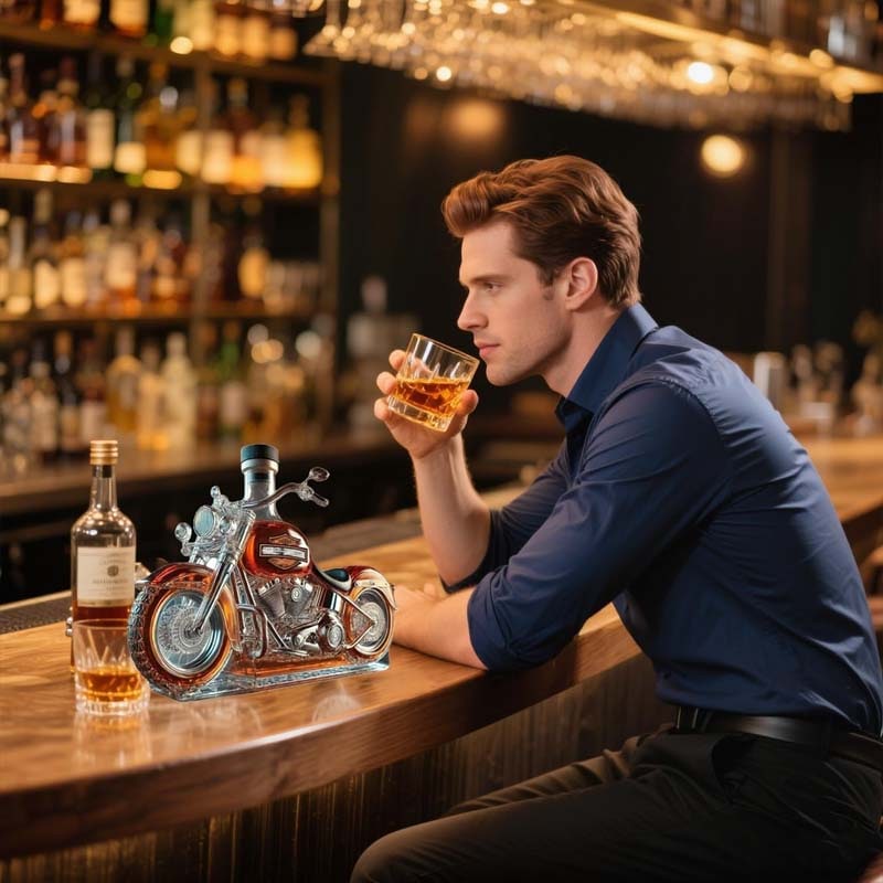 Motorcycle Whiskey Decanter with Glass Cruiser Design and Decorative Bottle Cap - Image 3