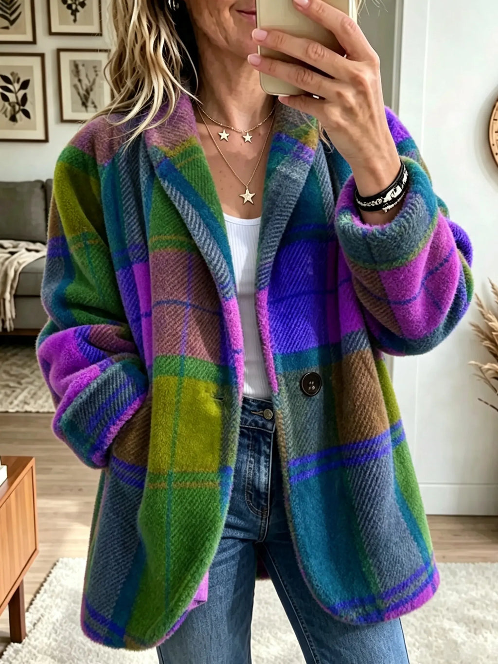 Women's Check Coat with Buttons and Pockets
