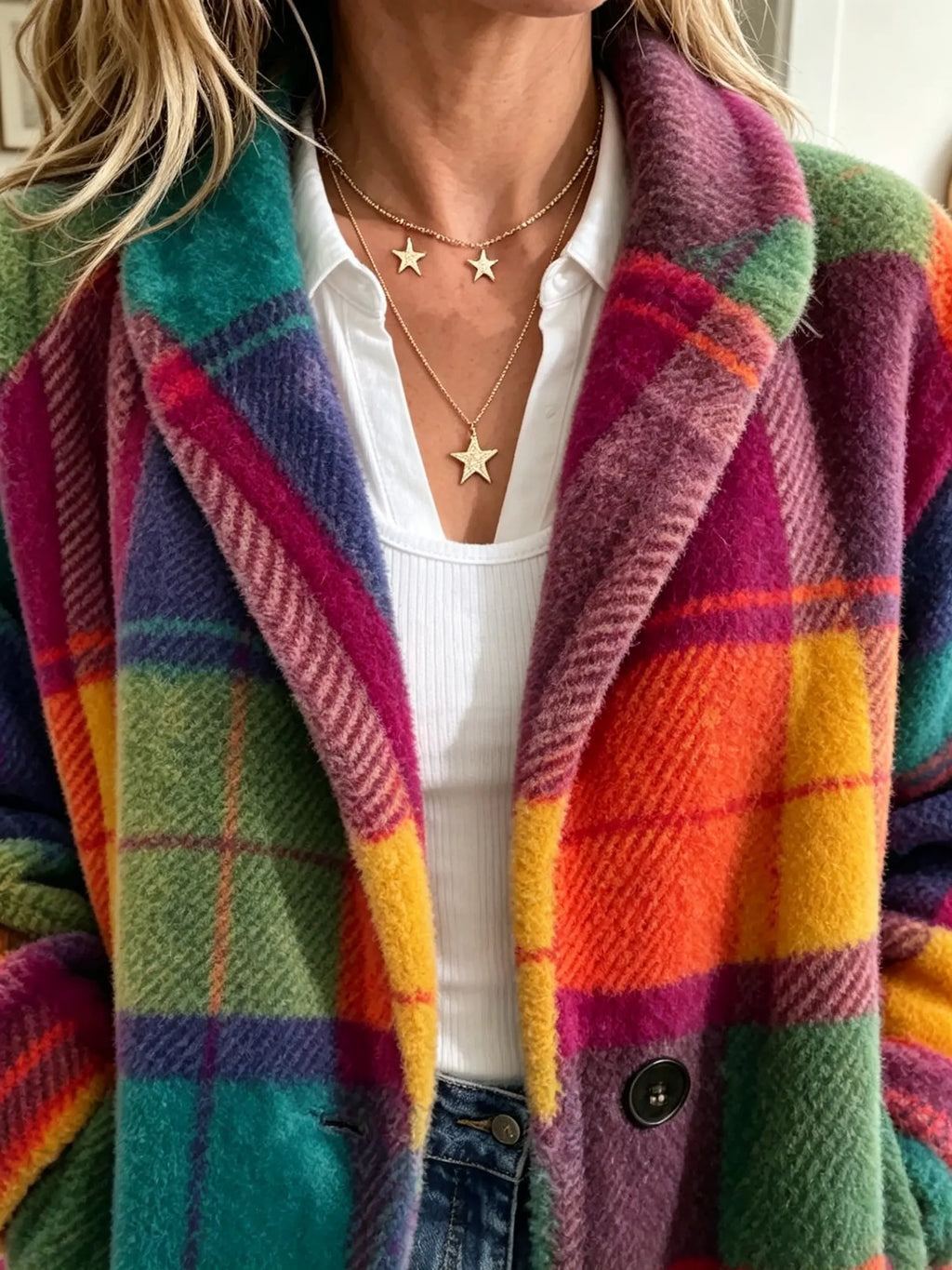 Women's Check Coat with Buttons and Pockets