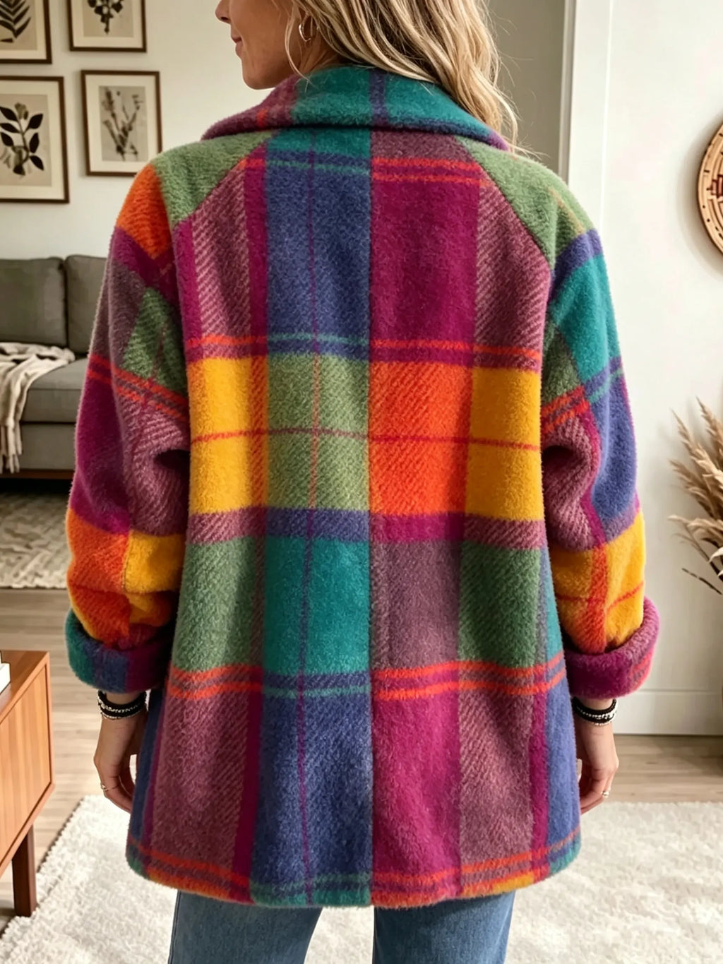 Women's Check Coat with Buttons and Pockets