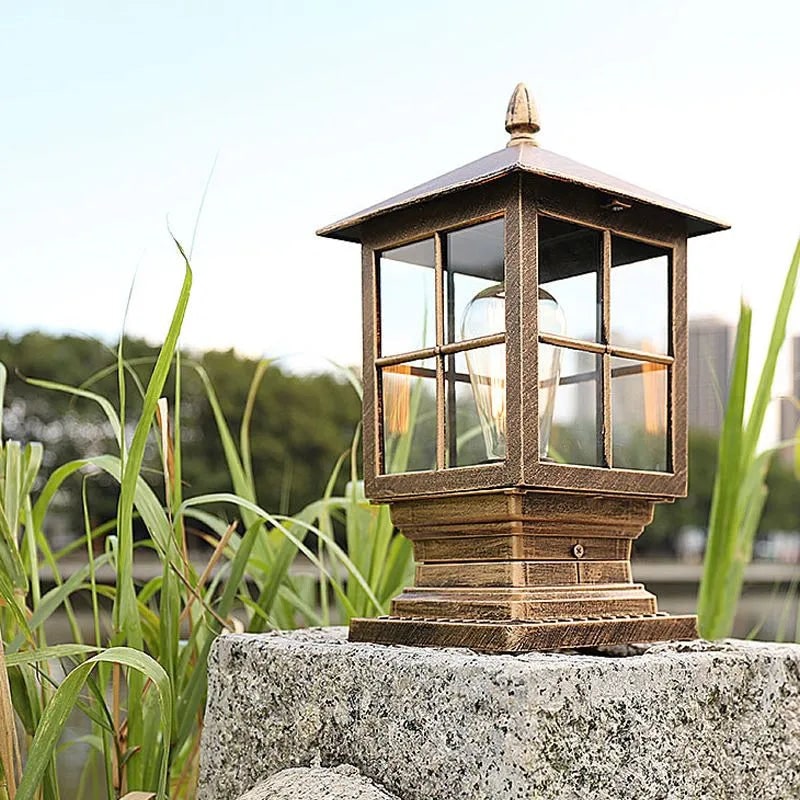 Outdoor Post Light Fixtures with Weather Resistant Metal and Glass Lantern Design - Image 1