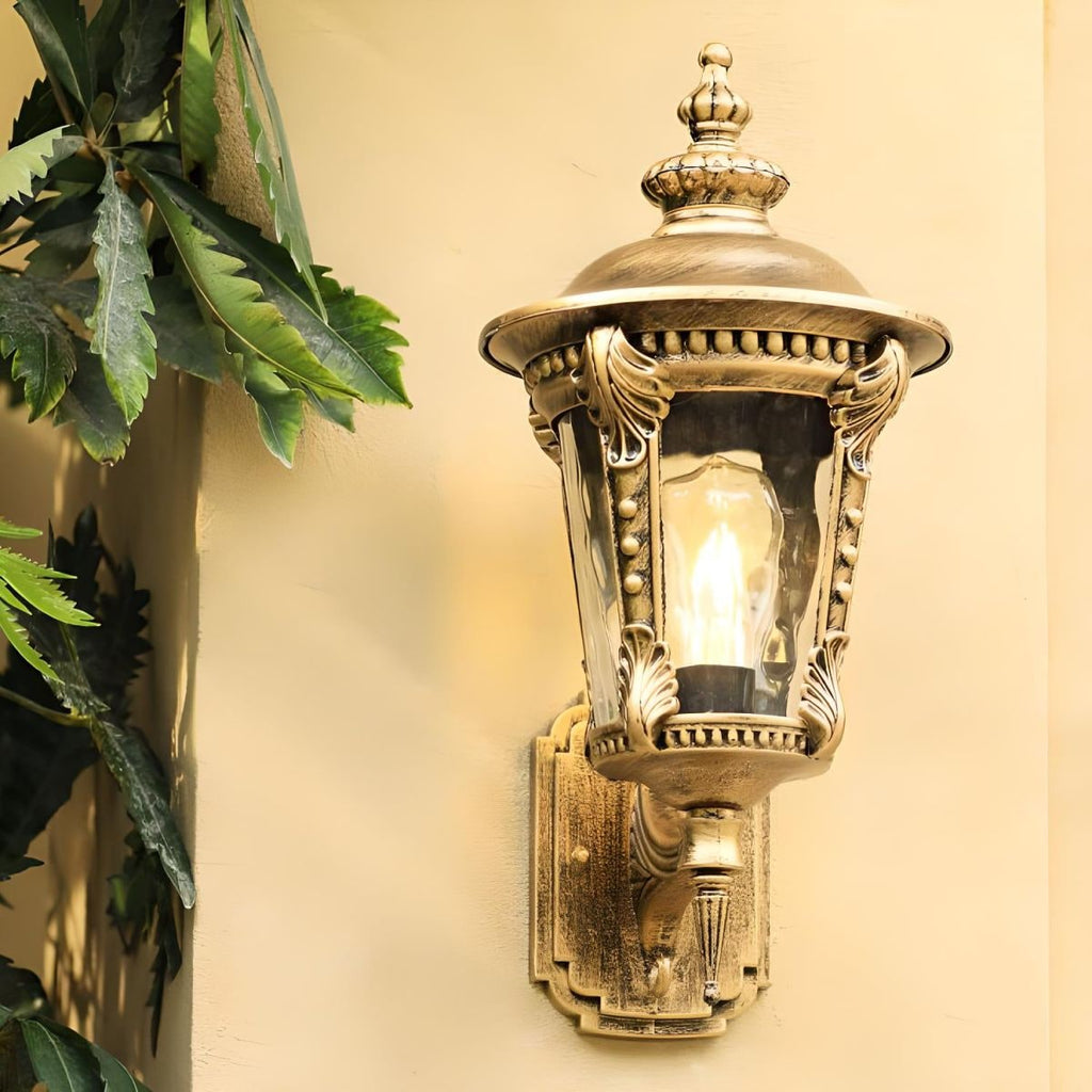 Outdoor Wall Sconce with Antique Brass Finish and Textured Glass Lantern Design - Image 2