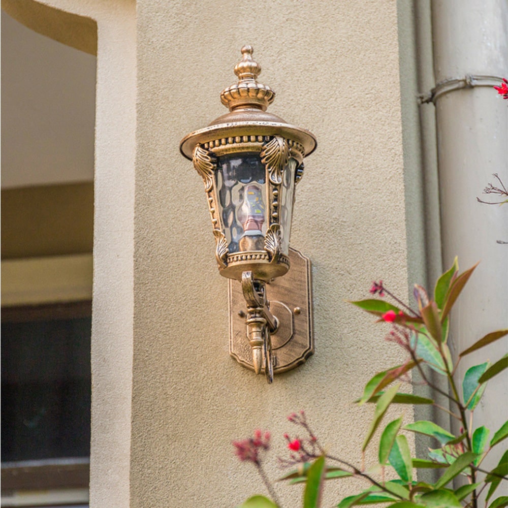 Outdoor Wall Sconce with Antique Brass Finish and Textured Glass Lantern Design - Image 5