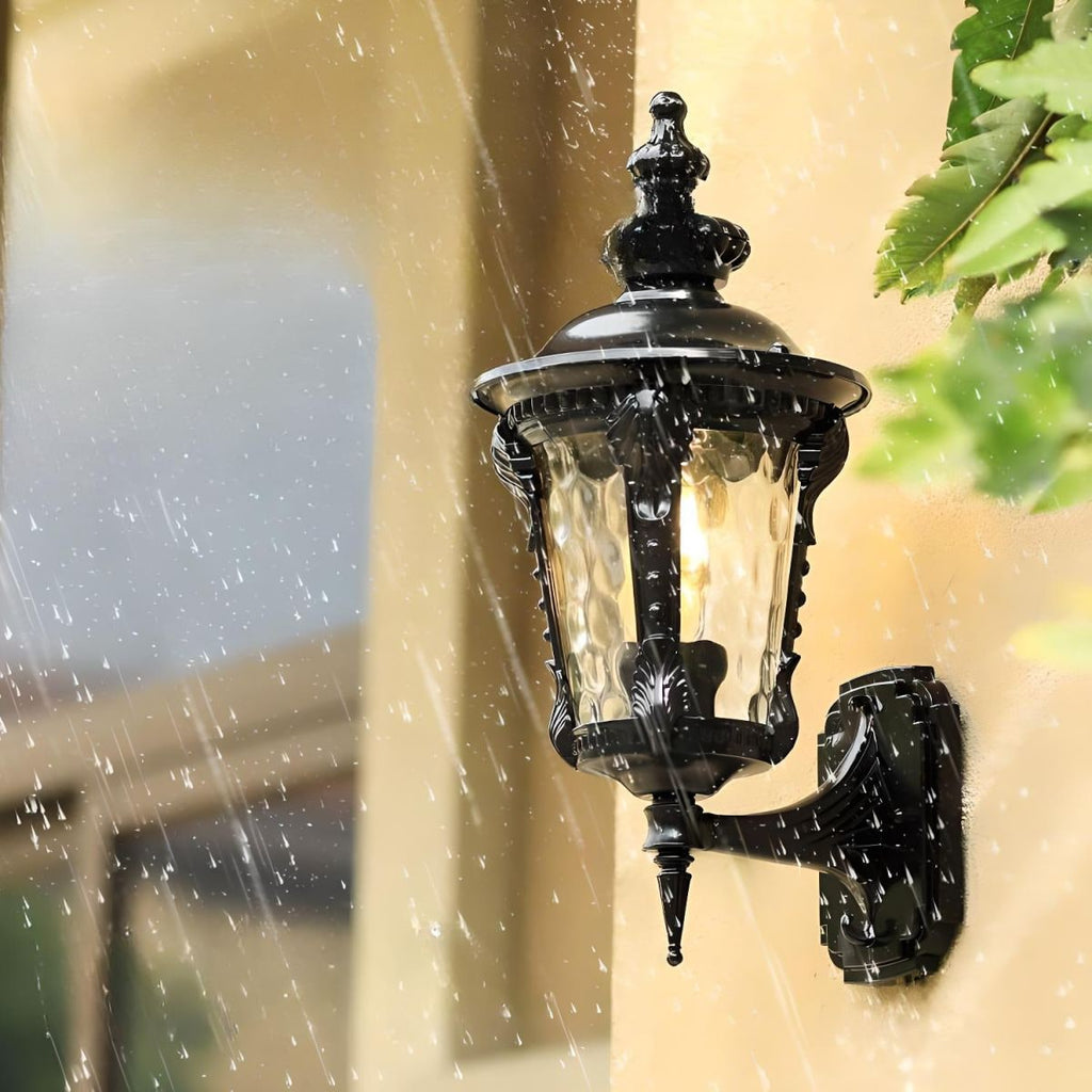 Outdoor Wall Sconce with Antique Brass Finish and Textured Glass Lantern Design - Image 7