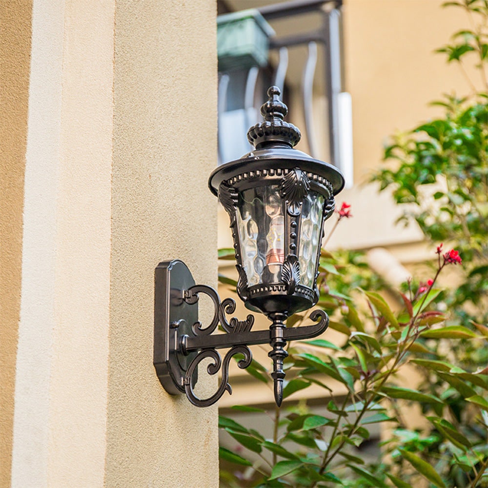 Outdoor Wall Sconce with Antique Brass Finish and Textured Glass Lantern Design - Image 8