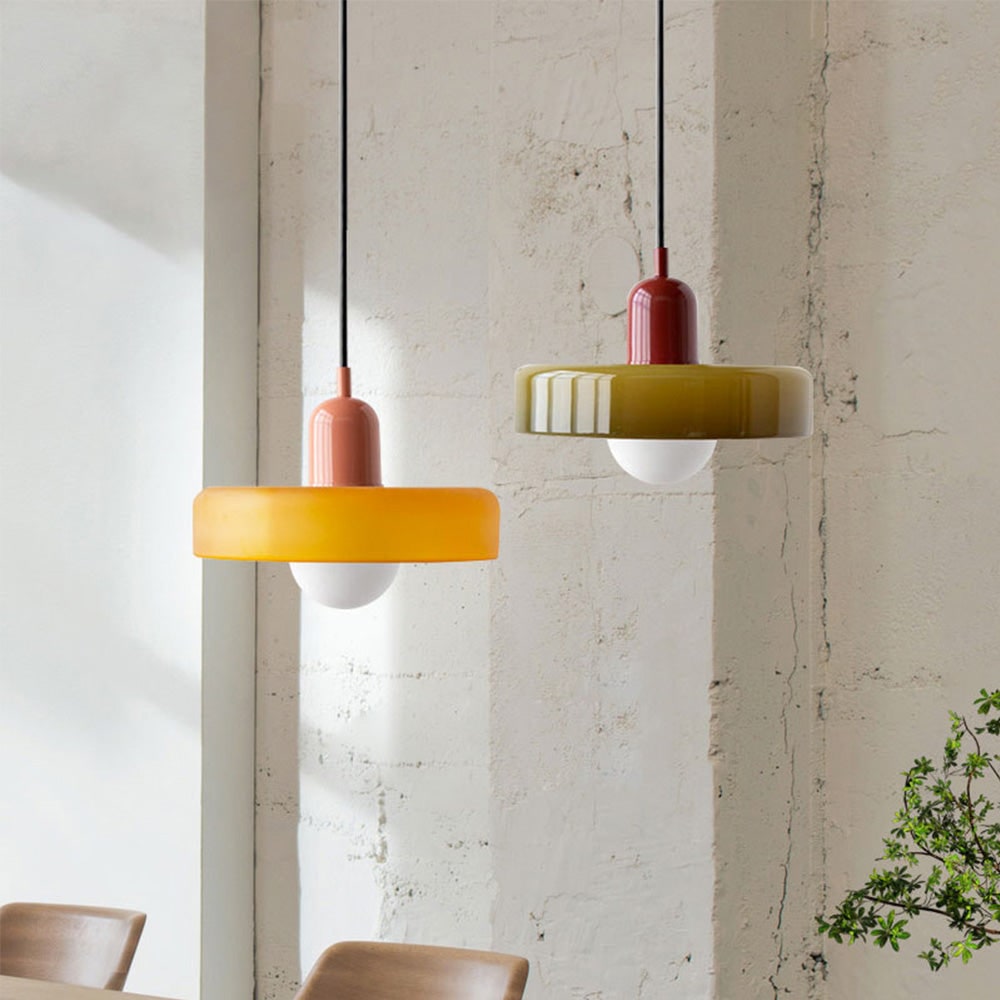 Pendant Light with Frosted Glass Disc Shade and Mid-Century Design - Image 1