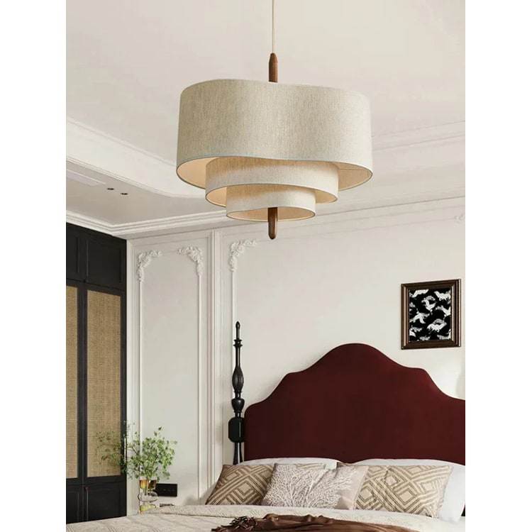 Pendant Light with Three-Tier Wavy Fabric Shade and Wooden Spindle - Image 1
