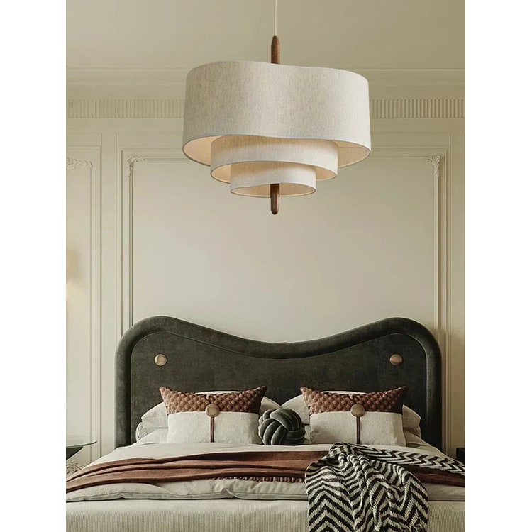 Pendant Light with Three-Tier Wavy Fabric Shade and Wooden Spindle - Image 2