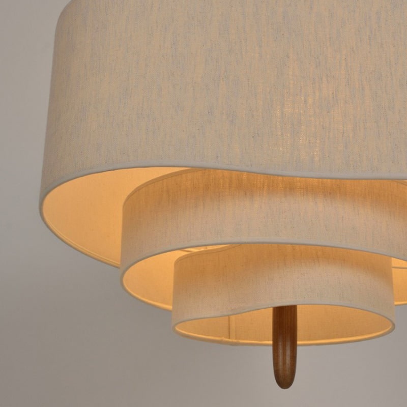 Pendant Light with Three-Tier Wavy Fabric Shade and Wooden Spindle - Image 3