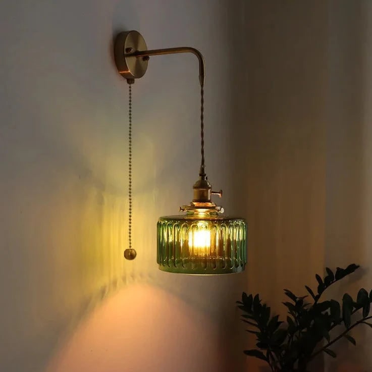 Plug in Wall Sconce with Green Glass Shade and Brass Arm Mid Century Modern Lighting - Image 1