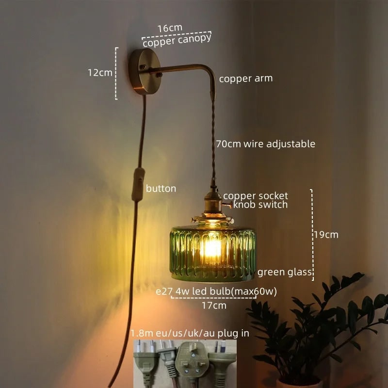 Plug in Wall Sconce with Green Glass Shade and Brass Arm Mid Century Modern Lighting - Image 2