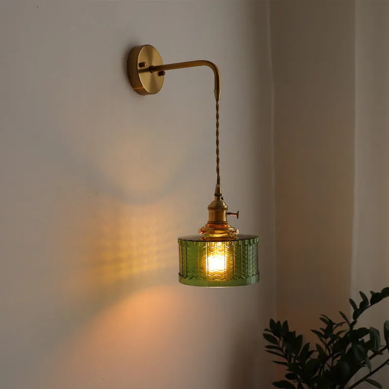 Plug in Wall Sconce with Green Glass Shade and Brass Arm Mid Century Modern Lighting - Image 3
