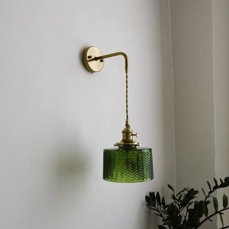 Plug in Wall Sconce with Green Glass Shade and Brass Arm Mid Century Modern Lighting - Image 4