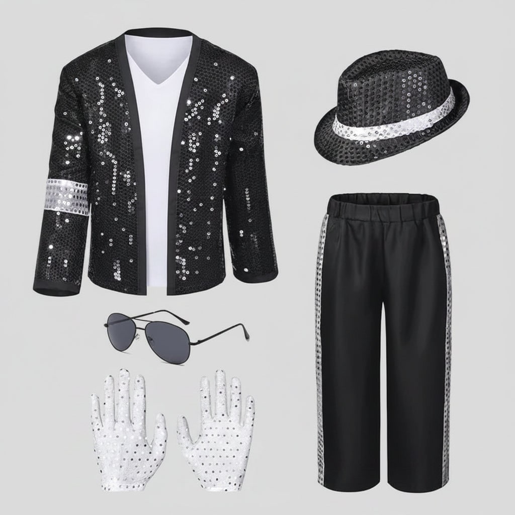 Pop Star Costume with Sequined Jacket Fedora Gloves - Image 2