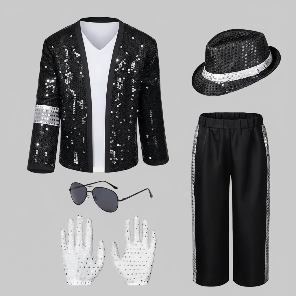 Pop Star Costume with Sequined Jacket Fedora Gloves - Image 4