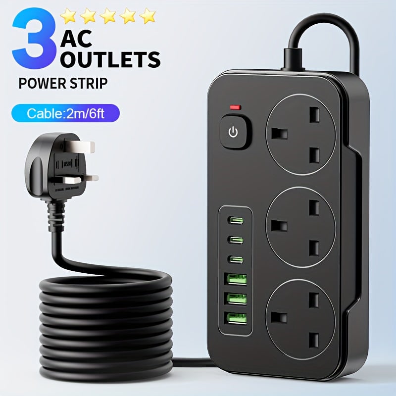 Power Strip with 3 AC Outlets 6 USB Ports and 2m Extension Cable - Image 1
