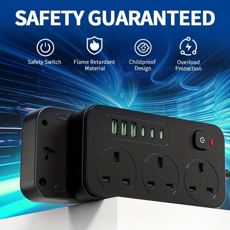Power Strip with 3 AC Outlets 6 USB Ports and 2m Extension Cable - Image 6