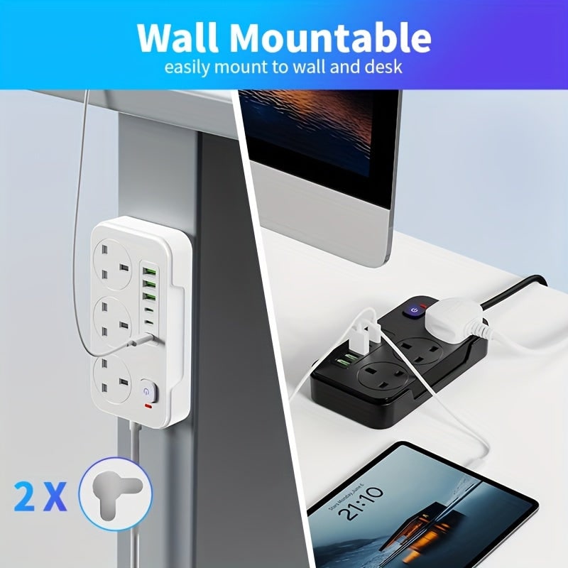 Power Strip with 3 AC Outlets 6 USB Ports and 2m Extension Cable - Image 8