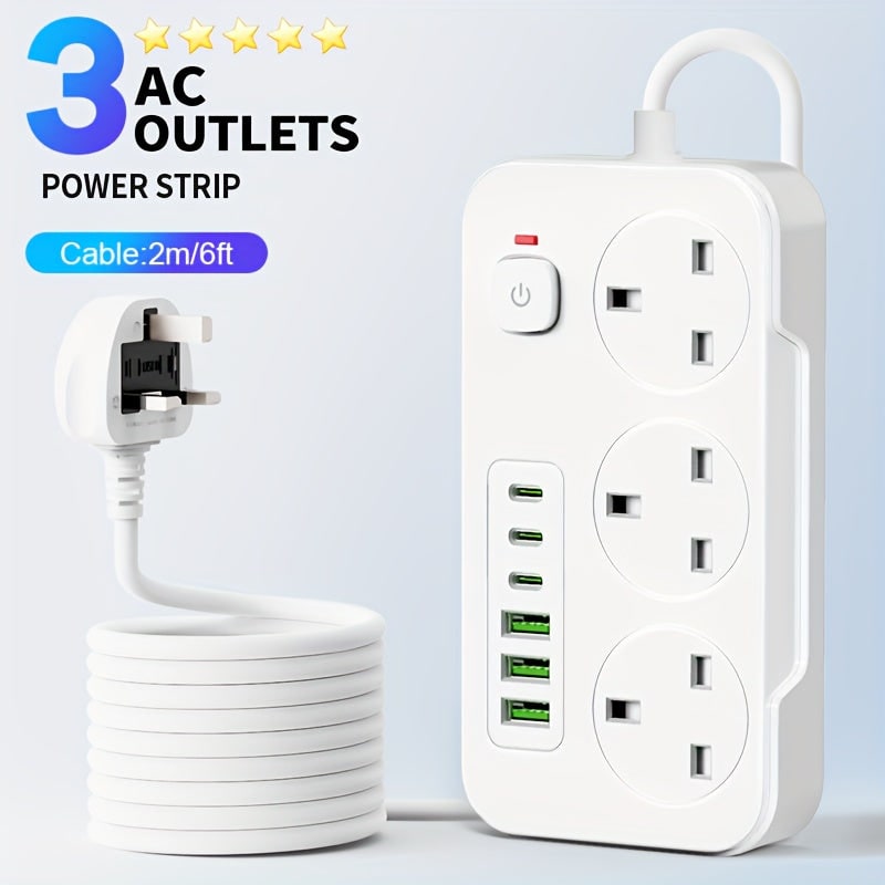 Power Strip with 3 AC Outlets 6 USB Ports and 2m Extension Cable - Image 9