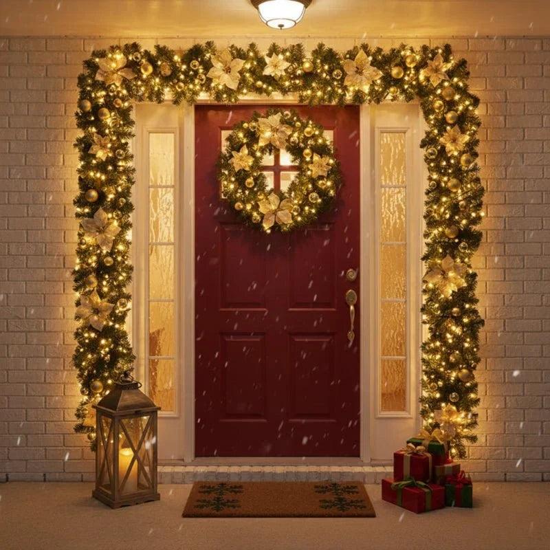 Pre-Lit Christmas Garland with Warm White LED Lights Ornaments and Poinsettia Flowers - Image 1