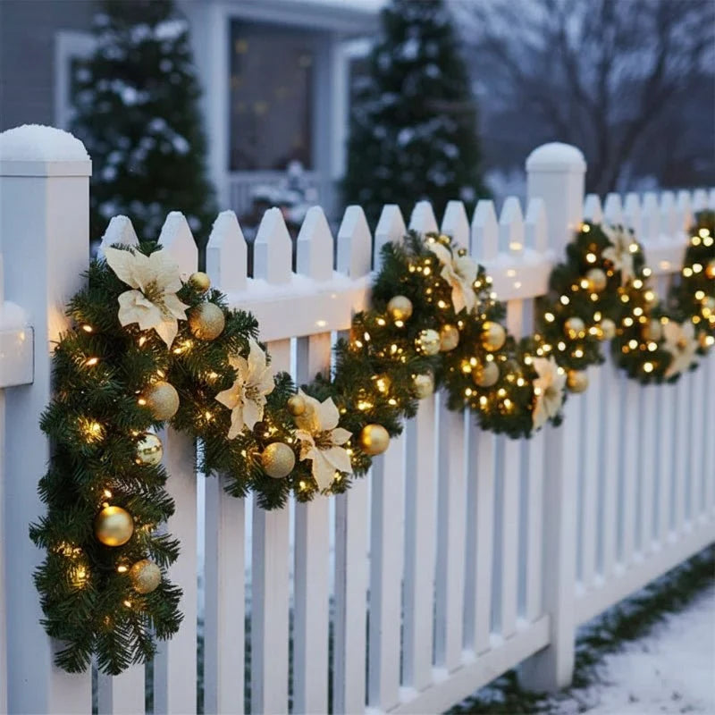Pre-Lit Christmas Garland with Warm White LED Lights Ornaments and Poinsettia Flowers - Image 12