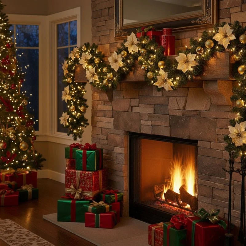 Pre-Lit Christmas Garland with Warm White LED Lights Ornaments and Poinsettia Flowers - Image 2