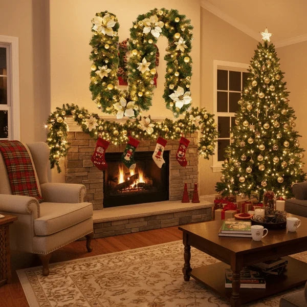Pre-Lit Christmas Garland with Warm White LED Lights Ornaments and Poinsettia Flowers - Image 4