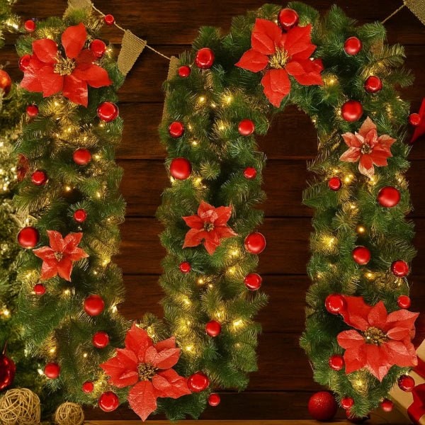 Pre-Lit Christmas Garland with Warm White LED Lights Ornaments and Poinsettia Flowers - Image 5