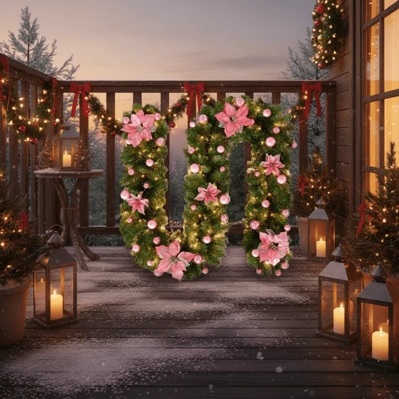 Pre-Lit Christmas Garland with Warm White LED Lights Ornaments and Poinsettia Flowers - Image 6