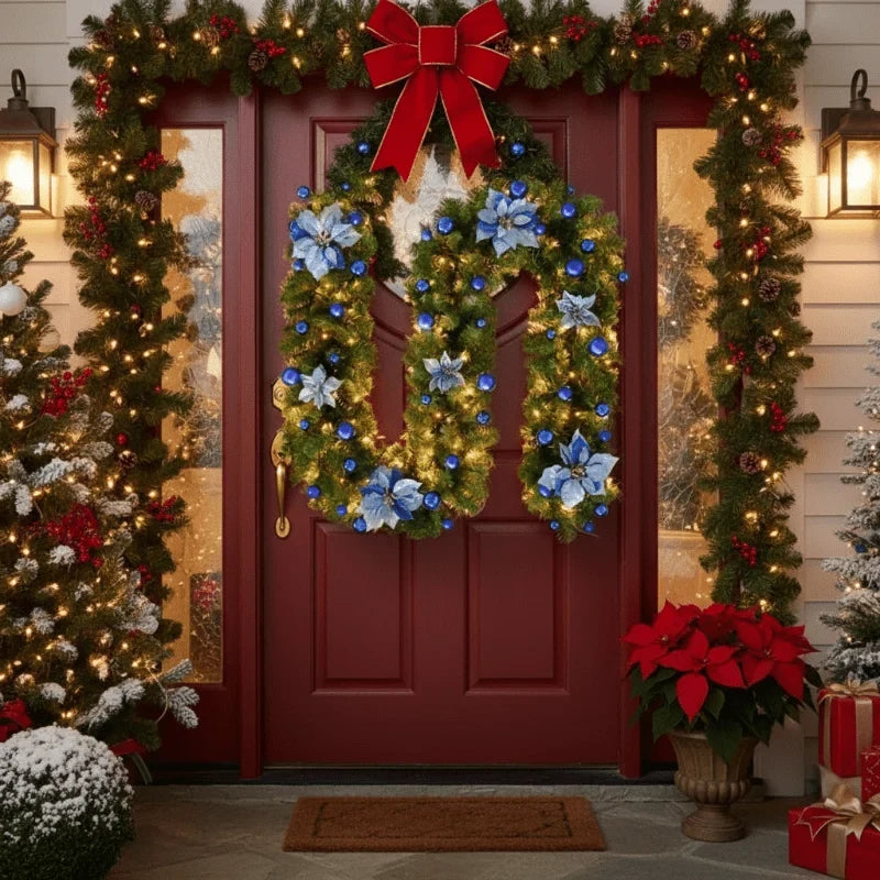 Pre-Lit Christmas Garland with Warm White LED Lights Ornaments and Poinsettia Flowers - Image 7