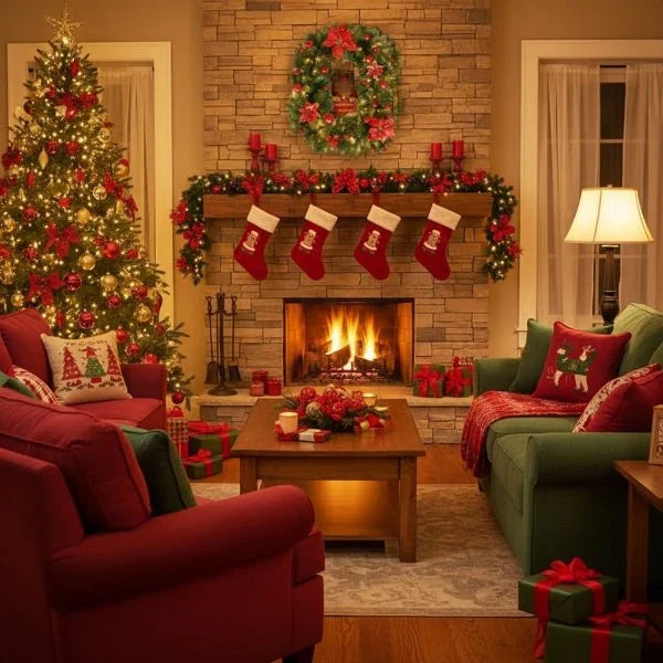 Pre-Lit Christmas Garland with Warm White LED Lights Ornaments and Poinsettia Flowers - Image 9