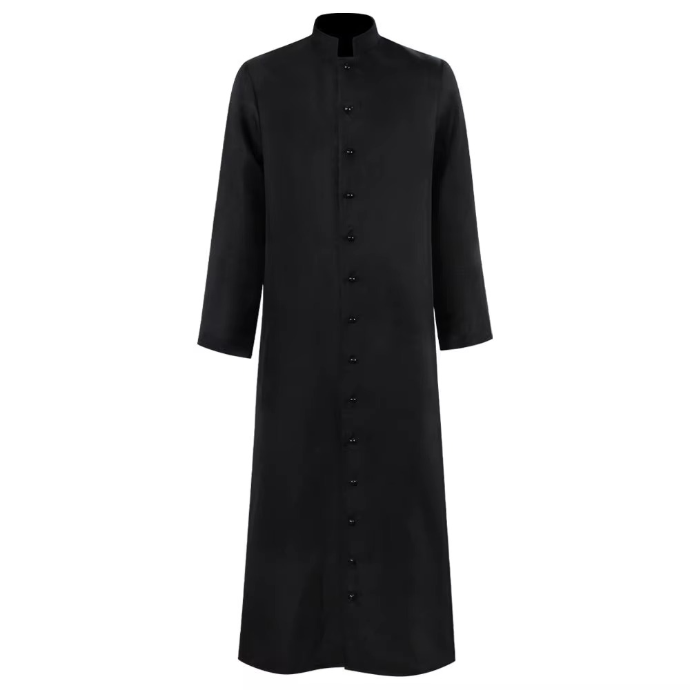 Priest Costume Cassock Robe with Button Front and Band Collar for Halloween Clergy Outfit - Image 4