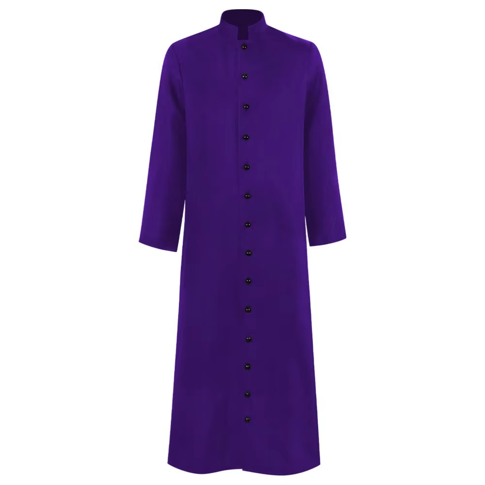 Priest Costume Cassock Robe with Button Front and Band Collar for Halloween Clergy Outfit - Image 5