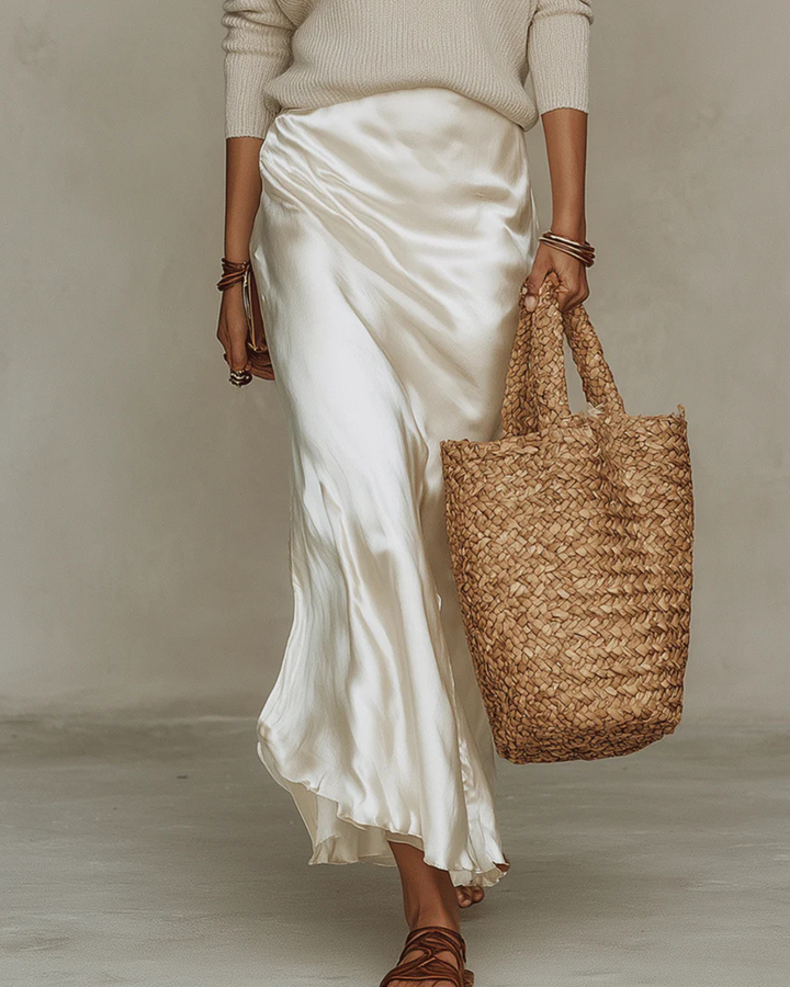 Women's Knit Sweater Satin Midi Dress Set