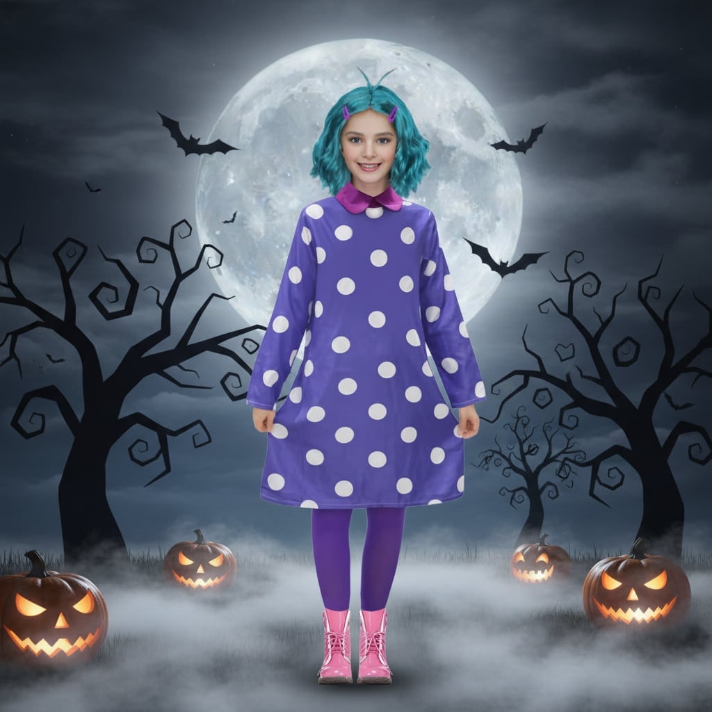 Purple Polka Dot Character Dress with Tights Set Long Sleeves - Image 1