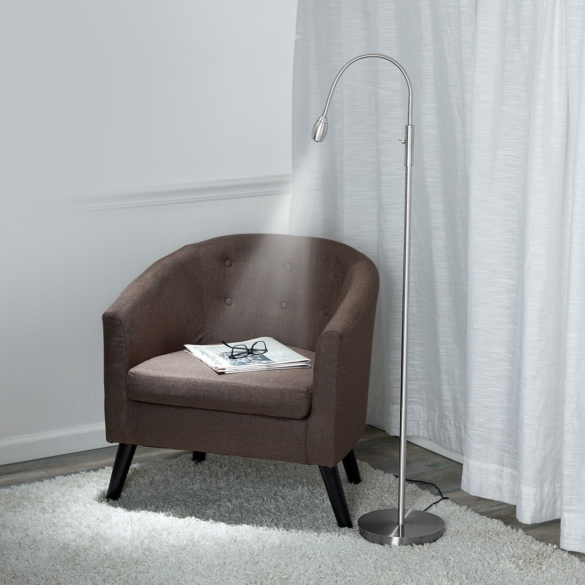 Reading Floor Lamp with Adjustable Gooseneck Focused LED Beam and Brushed Metal Finish - Image 1