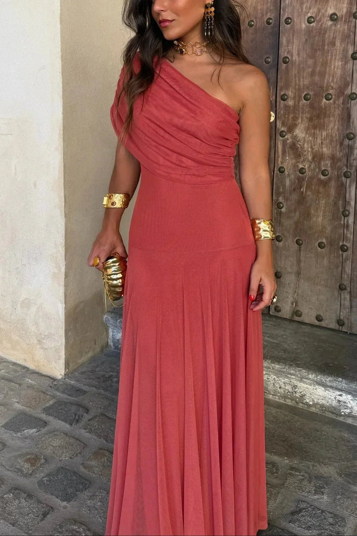Women's One Shoulder Pleated Maxi Dress